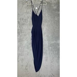 Pia Gladys Perey Formal Cocktail Dress Size 4 Navy Satin Strappy Front Slit